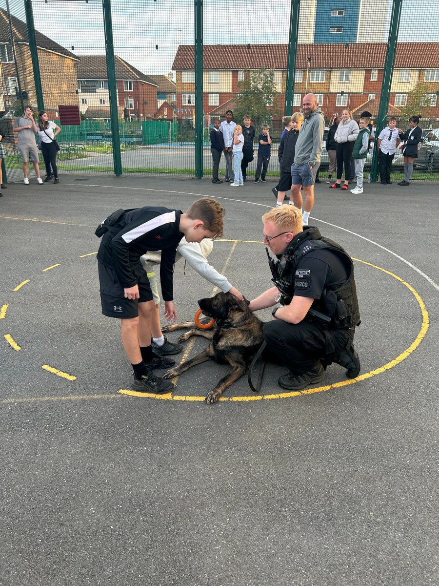 Police Dog Rufus and PD Roxy along with officers from <a href="/MetTaskforce/">Met Police Taskforce</a> and #ResponseTeamC  came to meet a #Feltham youth group this week. The youngsters met the dogs personally, learnt what the different dogs do and asked lots of great questions before seeing the dogs in action.