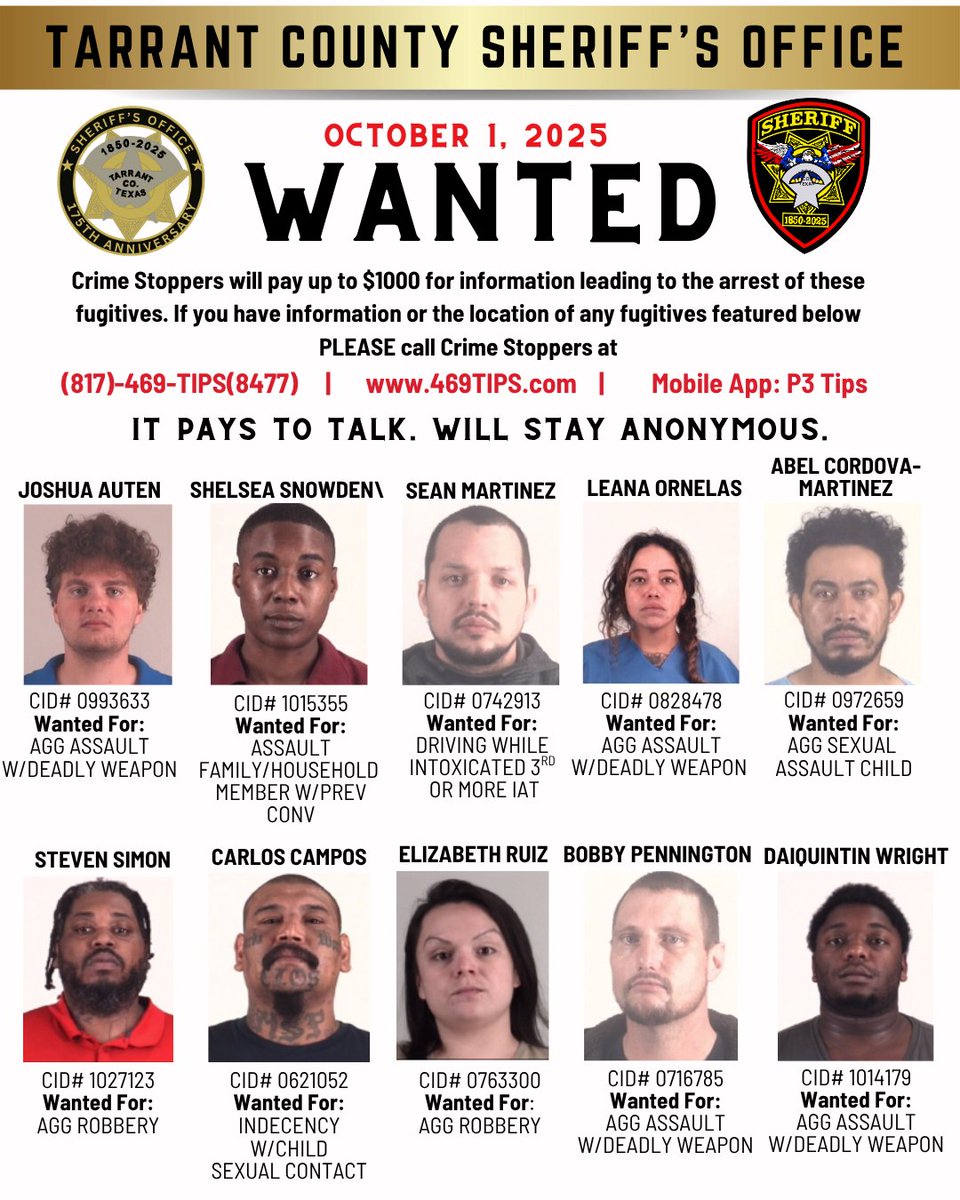 tarrantcountyso's tweet photo. TARRANT COUNTY SHERIFF'S OFFICE MOST WANTED LIST

If you have information on the whereabouts of any of these fugitives, please contact Crime Stoppers of Tarrant County at 817-469-8477, https://t.co/mhxDJZ4kyL, or by downloading the P3 Tips mobile app. https://t.co/qkuuqFjh8J