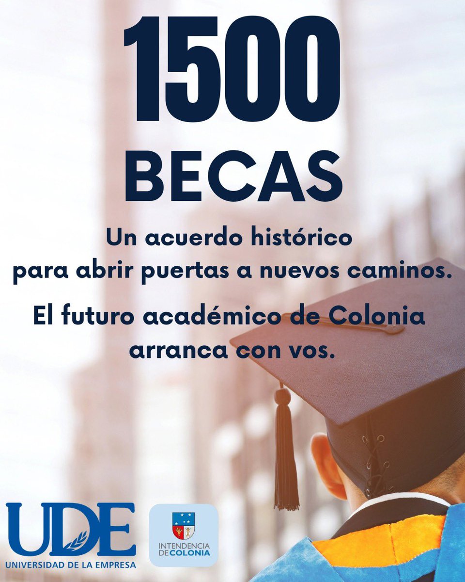 Acto de firma de un nuevo Convenio para sistema de becas entre la 
Universidad de la Empresa (UDE) y la Intendencia de Colonia.
*Jueves 2 de octubre, hora 12:30*
*SEDE COLONIA DE LA UDE*
(Av. Río de la Plata)