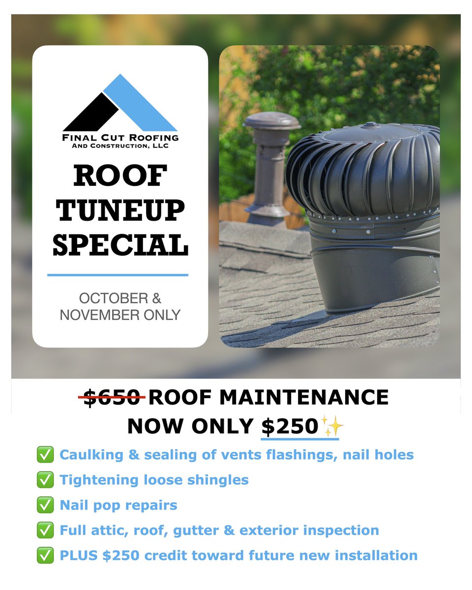 finalcutroofing's tweet photo. Time to get ready for fall y'all! 
￼
For a limited time only, take advantage of our $650 Fall Roof Tune-Up Package for just $250
￼
PLUS: $250 Credit toward future new installation. 
It's like free money! 

⁠
Call us today at 972-777-0350 and claim this deal before it expires! https://t.co/nkclwMG7yX