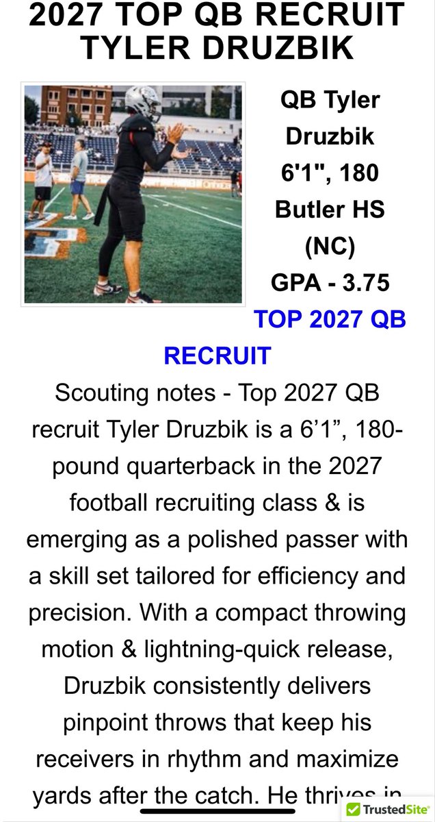 Check out Top 2027 QB recruit Tyler Druzbik out of Butler HS in North Carolina at CFB Now! 

collegefootballnow.org/top2027footbal…

#classof2027 #cfb
