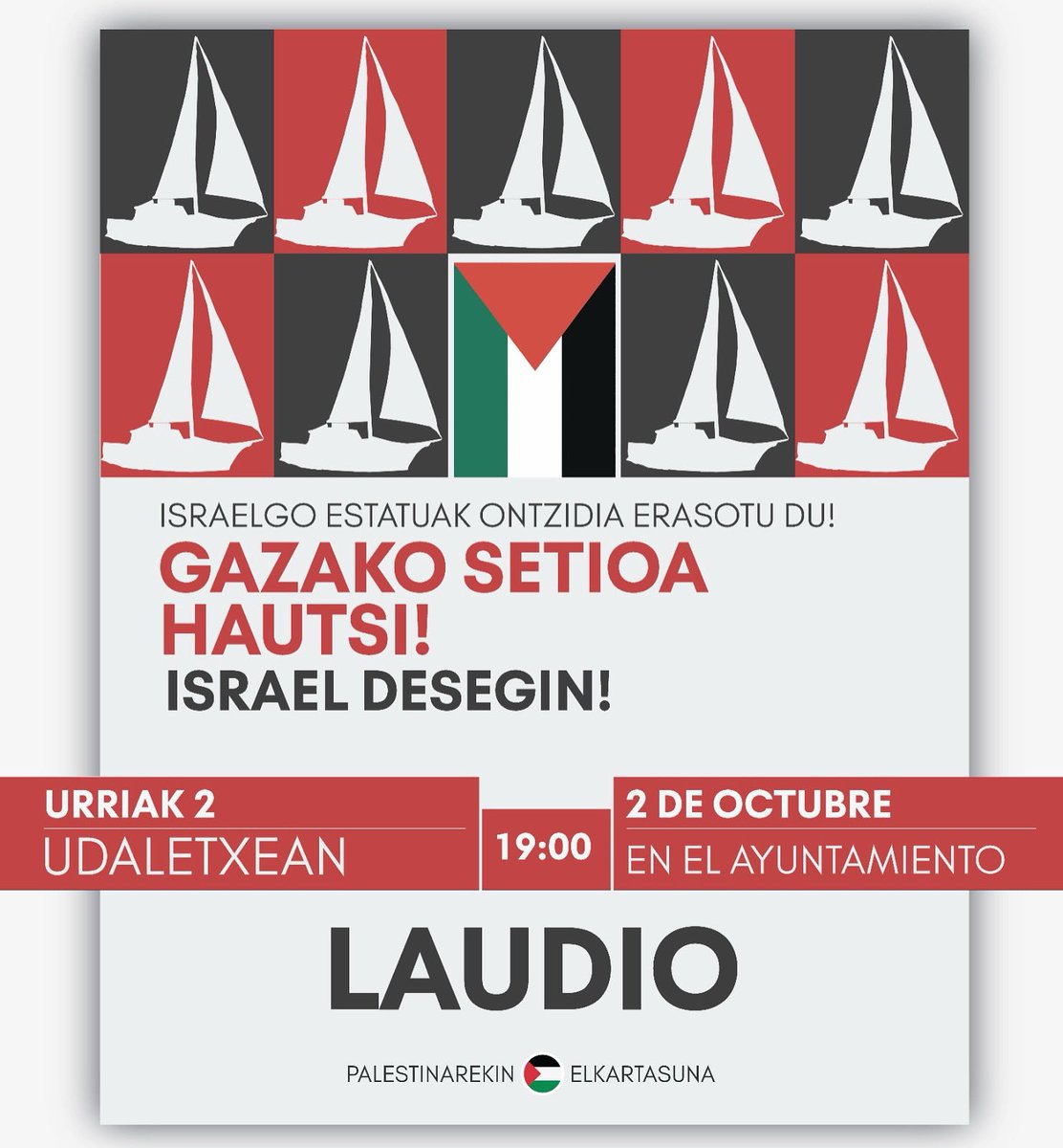 Israelgo estatu kriminalak Global Sumud Flotilla blokeatu du eta militarrak ontzietan sartzen ari dira. 

Gure elkartasun osoa ontzidiko kideekin! Flotillaren aurkako erasoa eta Gazaren setioa salatzeko, bihar Laudioko Herriko  Plazan 19:00etan kontzentrazioa!