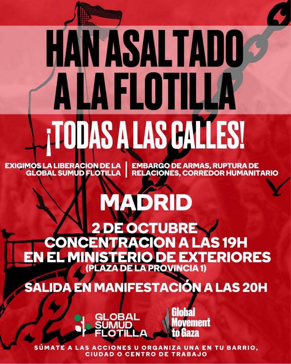 🚨URGENTE | 

Mañana nos movilizamos por la seguridad de las activistas y contra la violencia del Estado de Israel. 

 Exigimos al Gobierno de España que actúe YA para proteger a quienes defienden la vida y la dignidad.  

#GlobalSumudFlotilla 
#Gaza
