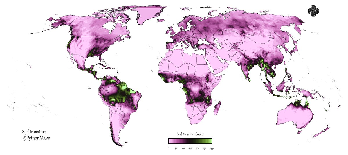 PythonMaps's tweet image. Soil moisture. Data comes from the TerraClimate project.
Is my choice of colourmap appropriate? No.
Do I care? No.
Do I just like making pretty pictures? Yes