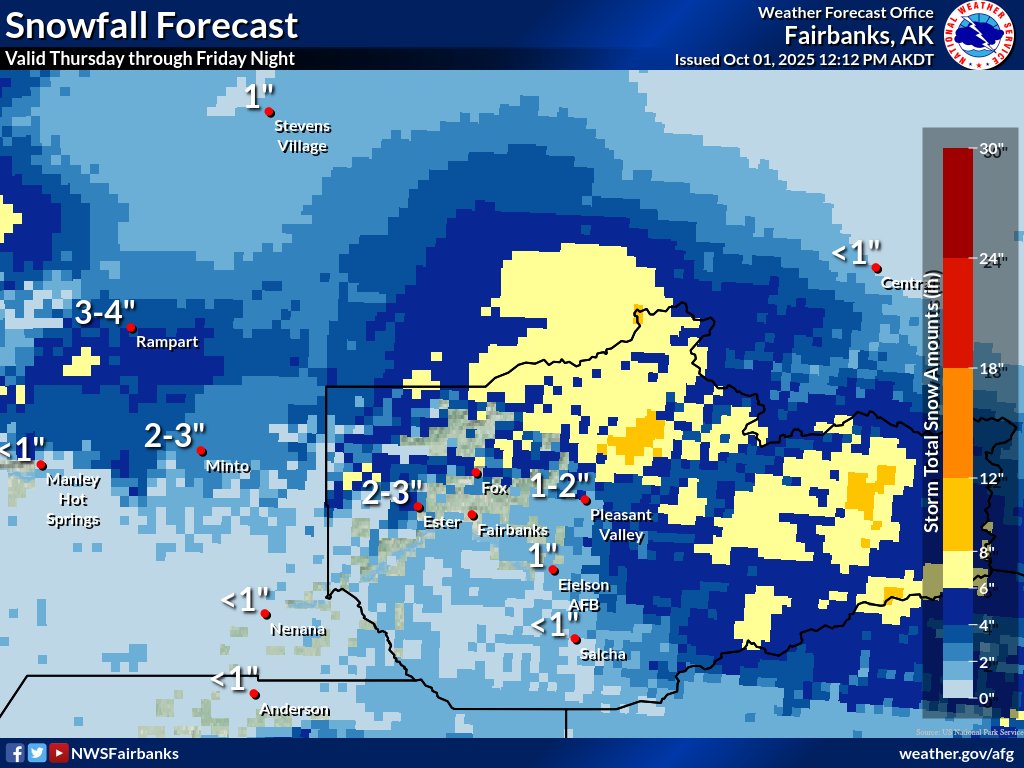 NWSFairbanks's tweet photo. Active weather returns, bringing rain and snow to the Interior starting midday Thursday and continuing though the weekend. Here's our latest snowfall forecast through Friday night. Take care and stay aware! Navigate to https://t.co/Dibj8HjVKV for the latest road conditions. #akwx https://t.co/QoenwxepmB