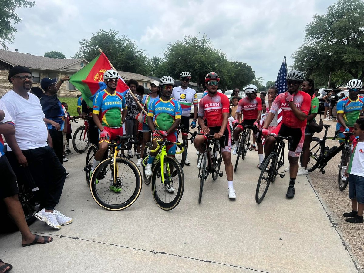 Natey49's tweet photo. Dallas Public Diplomacy hosted Richardson Mayor Omar Amir and City Councilman Ken Hutchenrider at the 34th Eritrean Independence celebration, where our Eritrean bikers crossed the finish line to greet and commemorate Independence Day. #npdg #eritea #amiromar #kenhatchinrider https://t.co/9KmYYxuSdJ