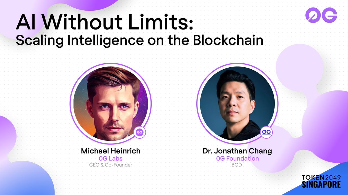 0G_labs's tweet photo. We are bringing the DeAI alpha to @token2049. 

0G Labs CEO @michaelh_0g takes the stage today for a fireside chat on AI Without Limits moderated by Dr Jonathan Chang, BOD of the @0G_Foundation. 

See you soon 🐼🇸🇬 https://t.co/WWBljS9GJo