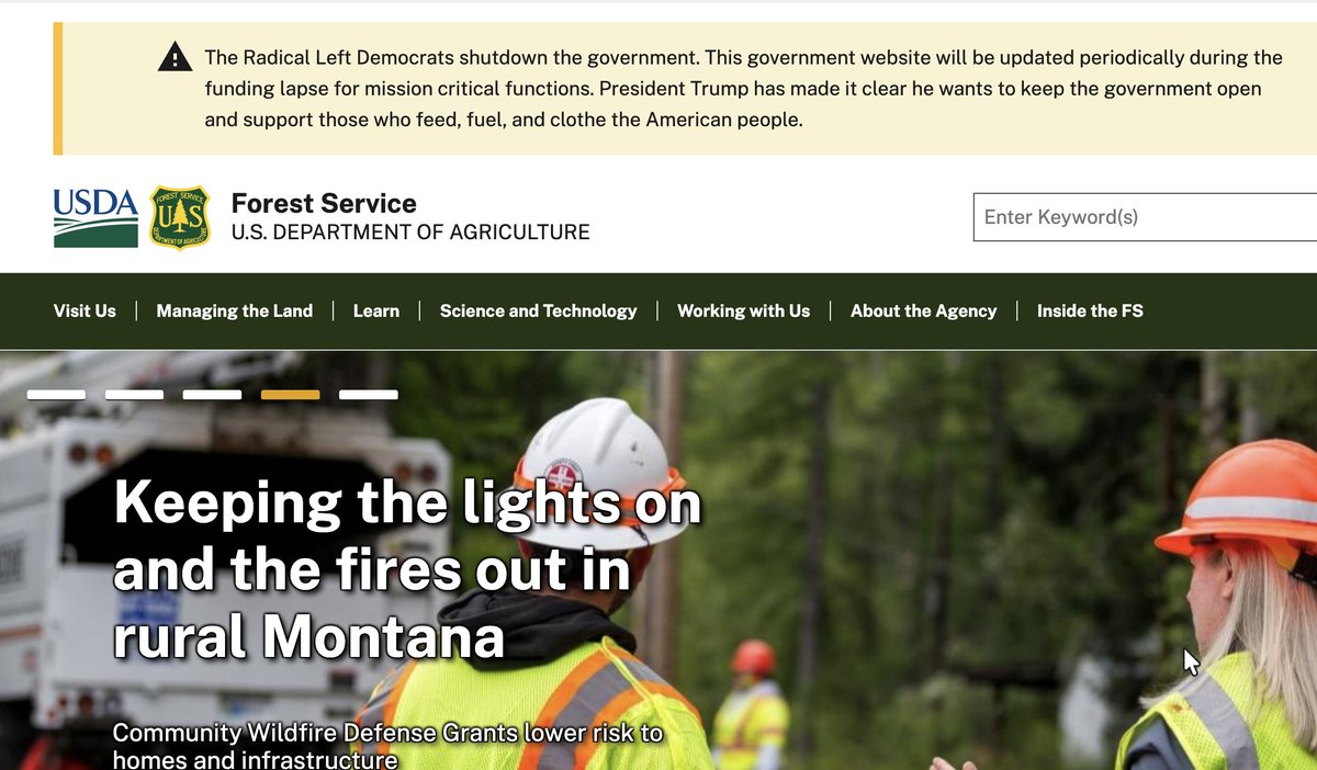goodlifecp's tweet photo. The banner on the USDA FS homepage is a blatant violation of the Hatch Act. Other USDA site have similar statements, DOI sites do not. https://t.co/cj82PKdsZF