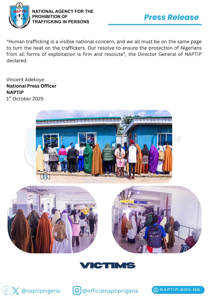 NAPTIP STORMS NNAMDI AZIKWE INTERNATIONAL AIRPORT, ARRESTS FIVE SUSPECTED TRAFFICKERS, RESCUES 24 VICTIMS 

 ……WE SHALL CONTINUE TO HUNT THE TRAFFICKERS WHEREEVER THEY ARE IN NIGERIA……SAYS DG, NAPTIP

  #joinnaptipendhumantrafficking