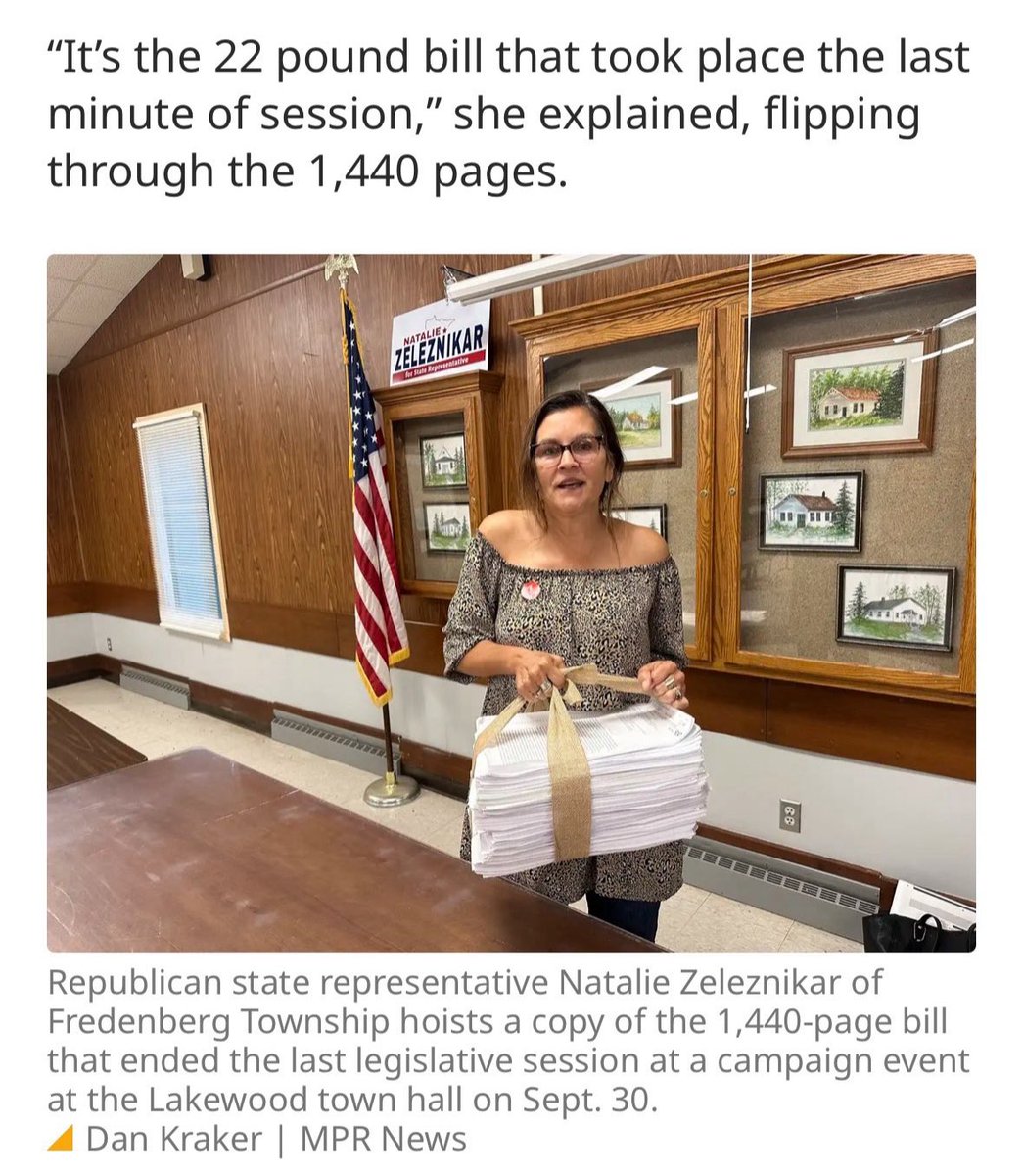 MNHD3BGOP's tweet photo. When democrats in Minnesota controlled state government they couldn’t get their bills passed so they threw together a 1400 page bill in the last minutes and without allowing republicans to read it first. And you signed it into law. I think a judge called it something like a cluster f*CK of unrelated bills. Something like that.