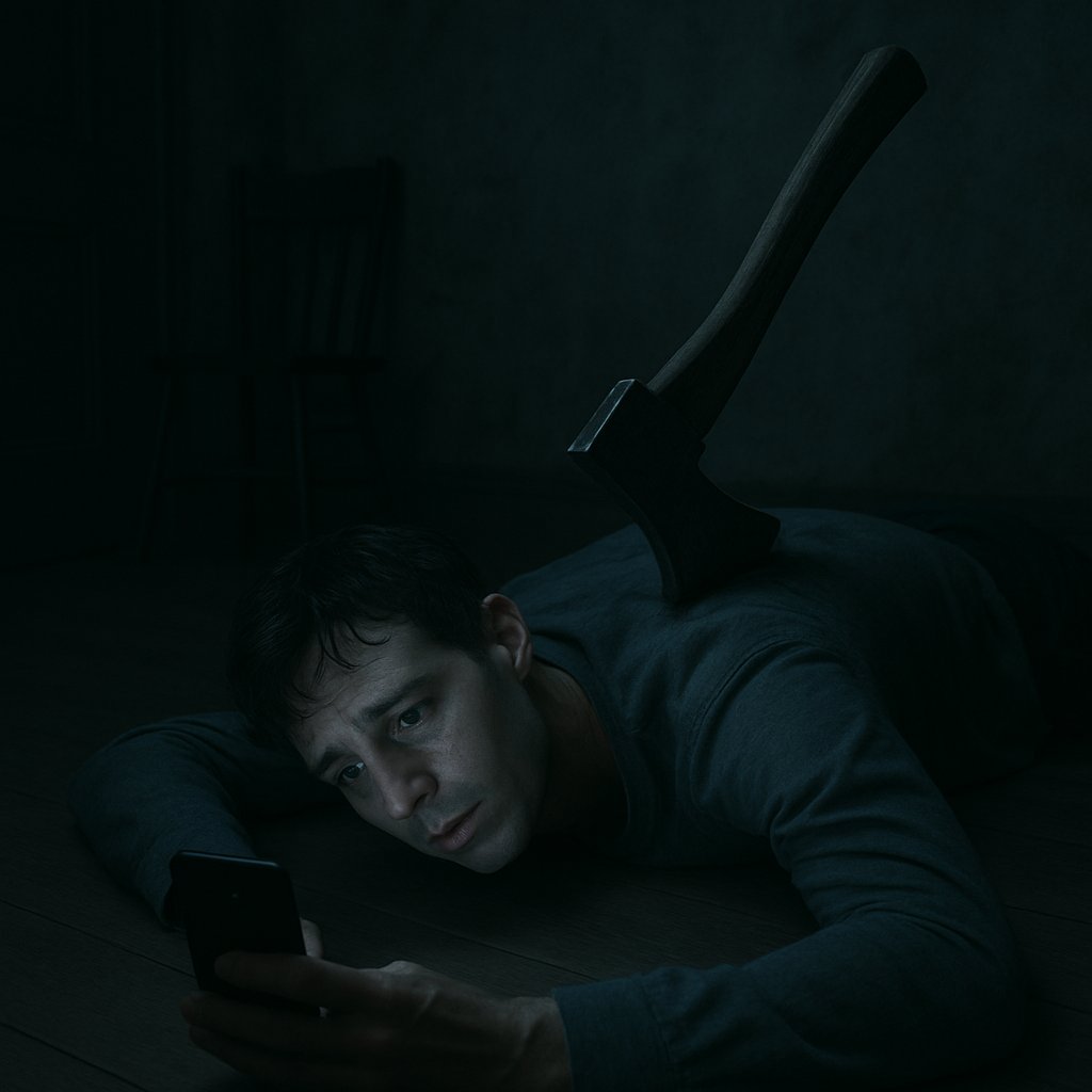 chenb0x's tweet image. The axe penetrated his back, the spine barely missed. Looking up after the faceplant, he struggled to get his phone from his pocket. 
Turning the camera on himself, he snapped a photo, but bled out before he could hit &quot;Post&quot;.

#Selfie 
#31DaysOfScary #Day1