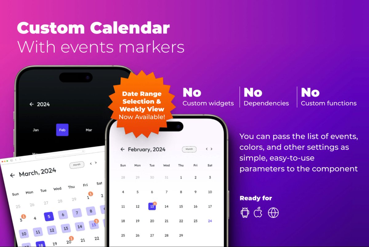 flutterflow's tweet image. #FlutterFlowLibraries | Custom Calendar with Event Markers 📆🗓️
Switch between weekly, bi-weekly, or monthly views, track deadlines, and visualize events with markers & counts. Fully customizable and multilingual 🌍.
Created by Ruben Romero
👉 Try it out:…