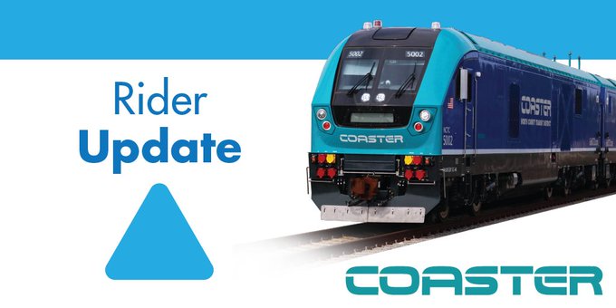 #COASTER COASTER service is currently running behind schedule. Expect delays of up to 15 minutes for all COASTER service at this time. #NCTDAlert
