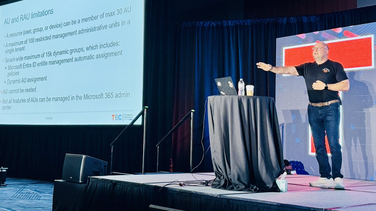 mderooij's tweet photo. @IngoGegenwarth showing AU and RAU are options to limit access to Entra, but come with limitations #TEC2025 https://t.co/qYxT4WQEqo