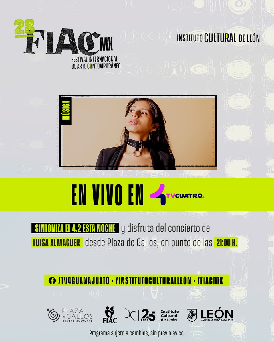 📺 ¡No te pierdas esta noche el concierto de Luisa Almaguer en vivo desde Plaza de Gallos, disfruta de su propuesta única que mezcla melancolía, fuerza y mucha energía. 🔥

👉 Sintoniza <a href="/tv4guanajuato/">TVCUATRO 📲💻📡</a> en redes a las 21:00 h y disfruta de esta concierto del #28FIACmx.