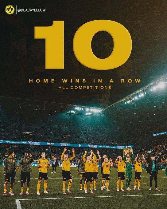 Borussia Dortmund players in yellow and black uniforms standing on a soccer field, celebrating with raised arms. A stadium with bright lights and a crowd is visible in the background. Large text overlay reads "10 HOME WINS IN A ROW ALL COMPETITIONS" in yellow and white.