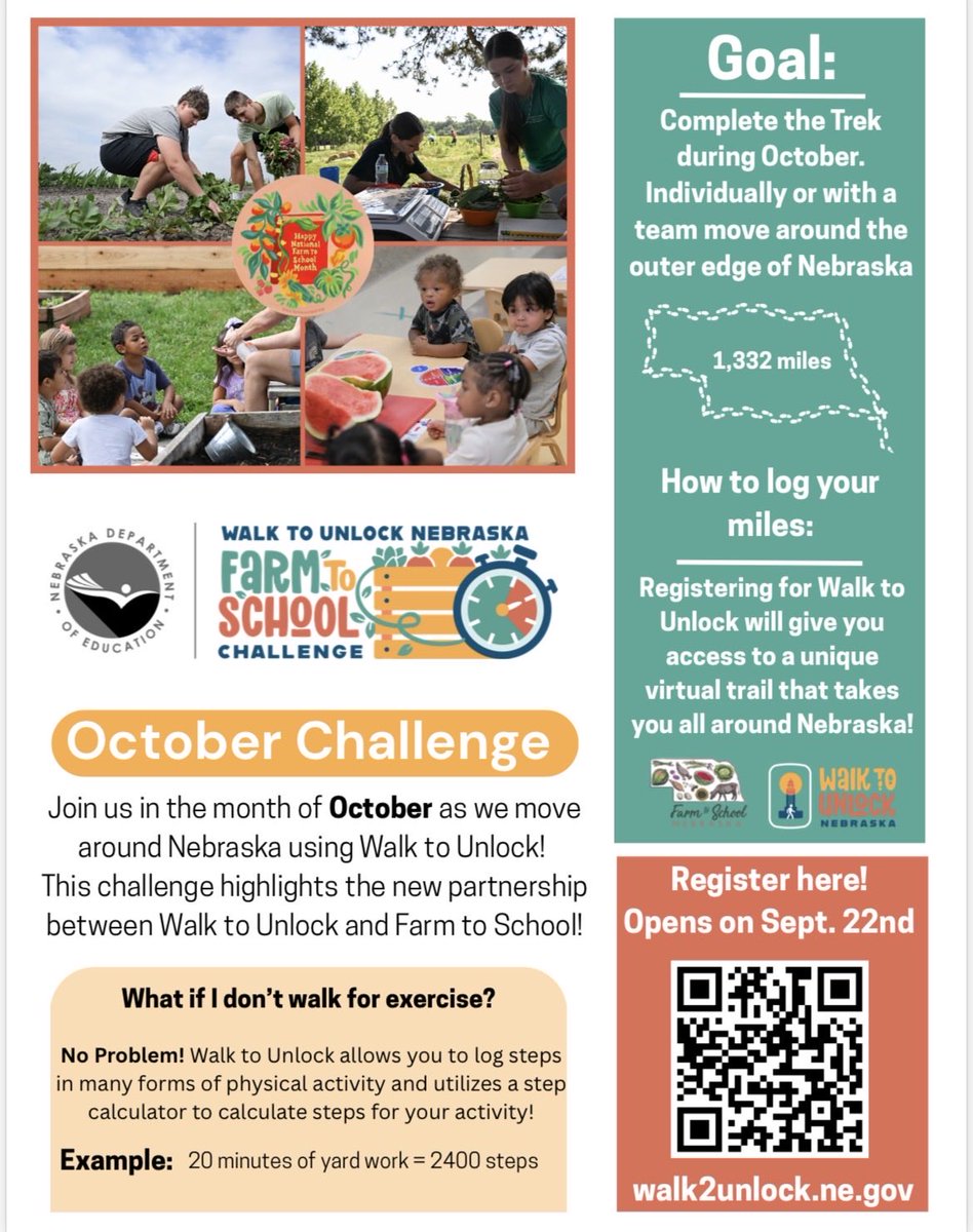 NDE_GOV's tweet photo. Walk to Unlock and Farm to School Challenge for October - Challenge begins today! https://t.co/nXB33zkubd