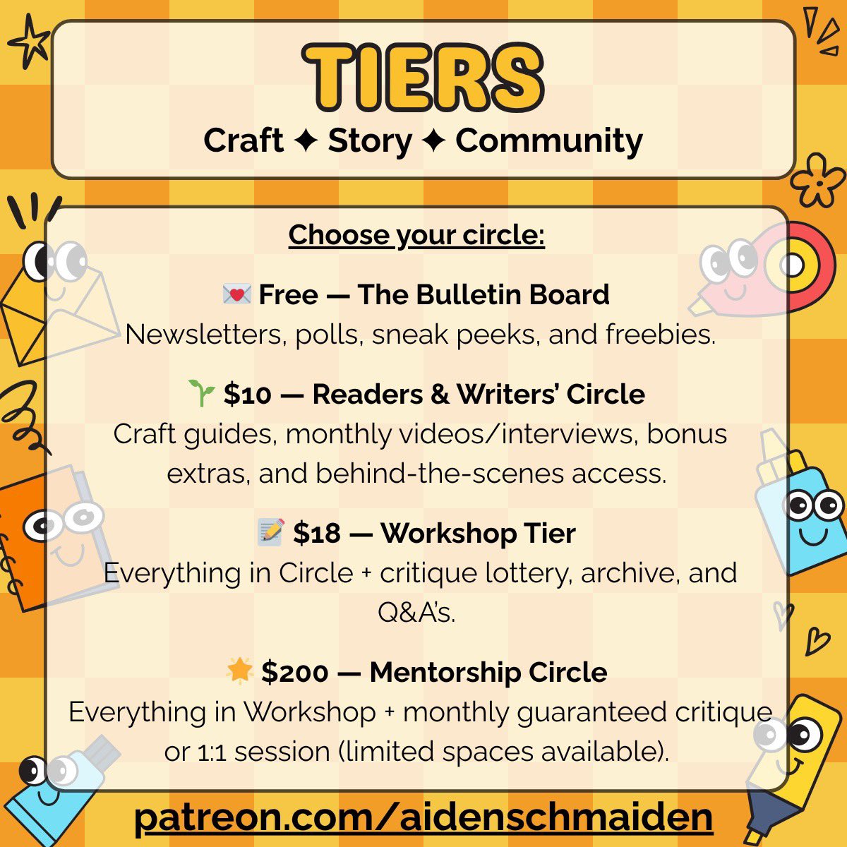 aidenschmaiden's tweet photo. ✨BIG NEWS! I just launched my new Patreon!✨

you’ll find craft guides, bonus stories &amp; sneak peeks, critique lotteries, polls to vote on topics, and even mentorship opportunities!

join the circle and let’s make create together! 
https://t.co/6tVgn6Ze1H￼ https://t.co/kJ0LKX2SP7