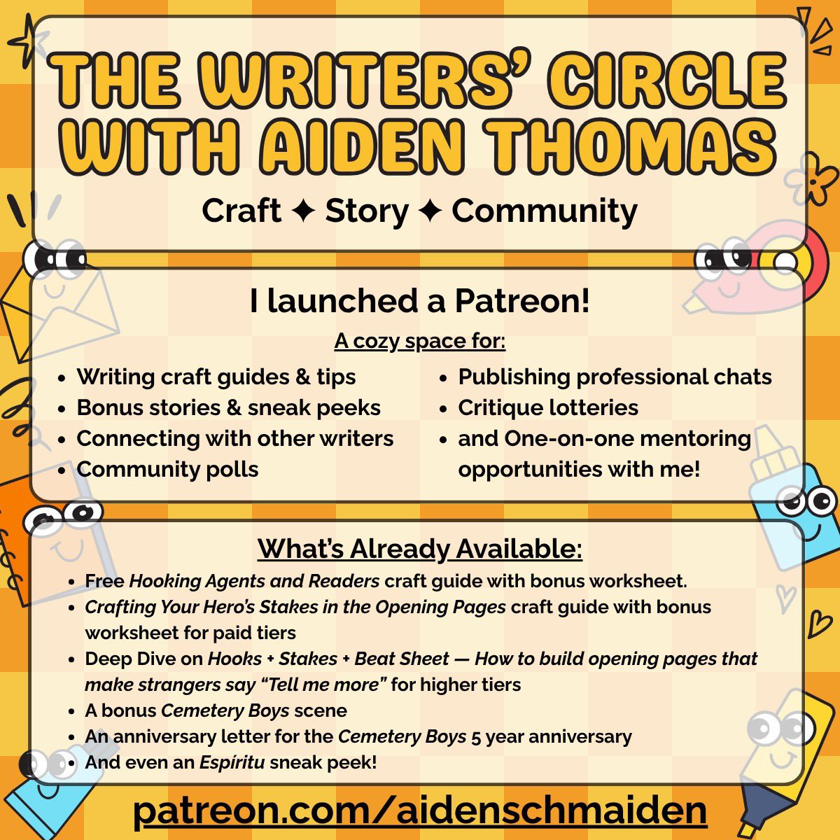 aidenschmaiden's tweet photo. ✨BIG NEWS! I just launched my new Patreon!✨

you’ll find craft guides, bonus stories &amp; sneak peeks, critique lotteries, polls to vote on topics, and even mentorship opportunities!

join the circle and let’s make create together! 
https://t.co/6tVgn6Ze1H￼ https://t.co/kJ0LKX2SP7