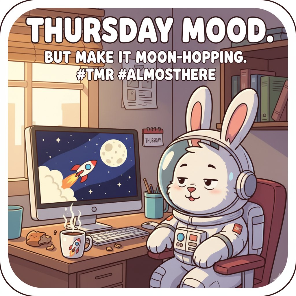 DEV_MOONRABBIT's tweet photo. THURSDAY MOOD. But make it moon-hopping. 🚀🐰 Almost there, fellow travelers! What's getting you through this Thursday? For us, it's the thought of the moon! 🌕
​#TMR #TOTHEMOONRABBIT #ThursdayVibes #AlmostWeekend #Moonbound https://t.co/1dFfBh2kgN