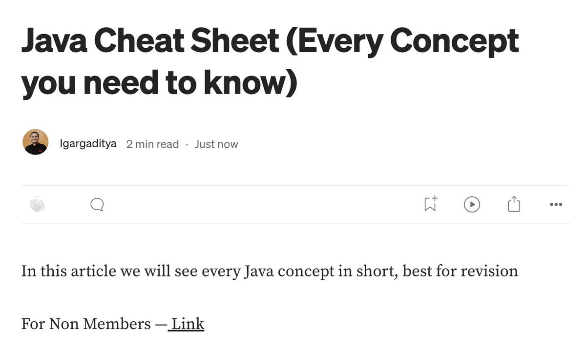 adityagarg217's tweet image. Java Cheat Sheet - medium.com/@igargaditya/j…
Reposts are appreciated