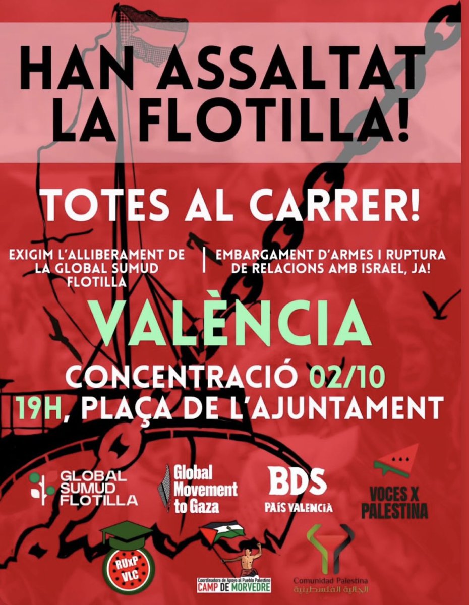 joanbaldovi's tweet image. Israel ha detingut il·legalment al nostre company @JuanBordera i a altres membres de la flotilla. 

Des de Compromís, exigim:

1- L’alliberament immediat i sense condicions de totes les persones detingudes.

2- La condemna de les Corts Valencianes a este assalt il·legal.

3- La…