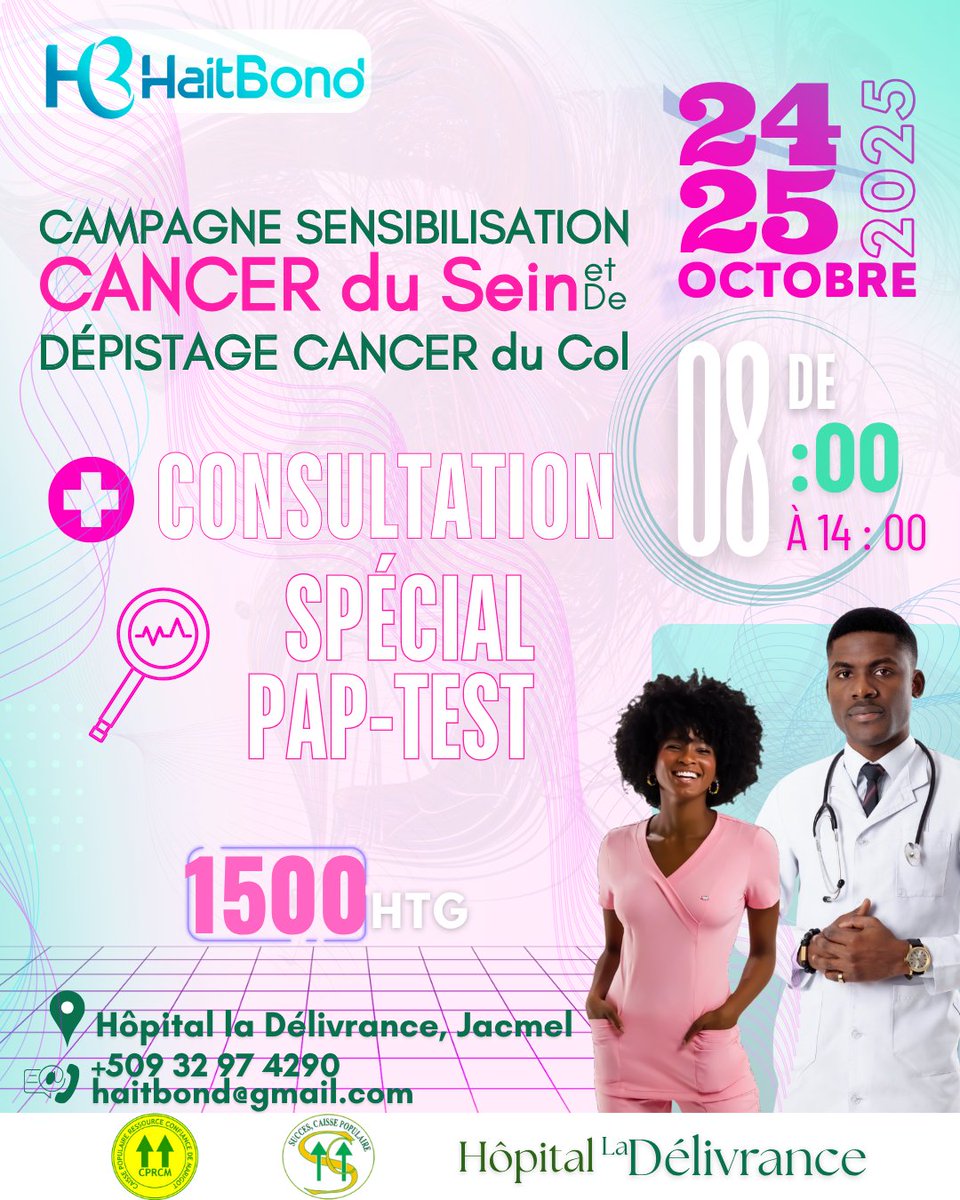 HaitBond's tweet photo. 🎀 Jacmel 2025 – Dépistage du cancer du sein et du col de l’utérus 🎀

Le dépistage précoce peut sauver des vies. Rejoignez-nous pour une grande campagne de prévention et de dépistage!

24-25 octobre 2025 | 📍 Hôpital La Délivrance,  Jacmel

#SantéDesFemmes #DépistageSauveDesVies https://t.co/kLMCExEUr4