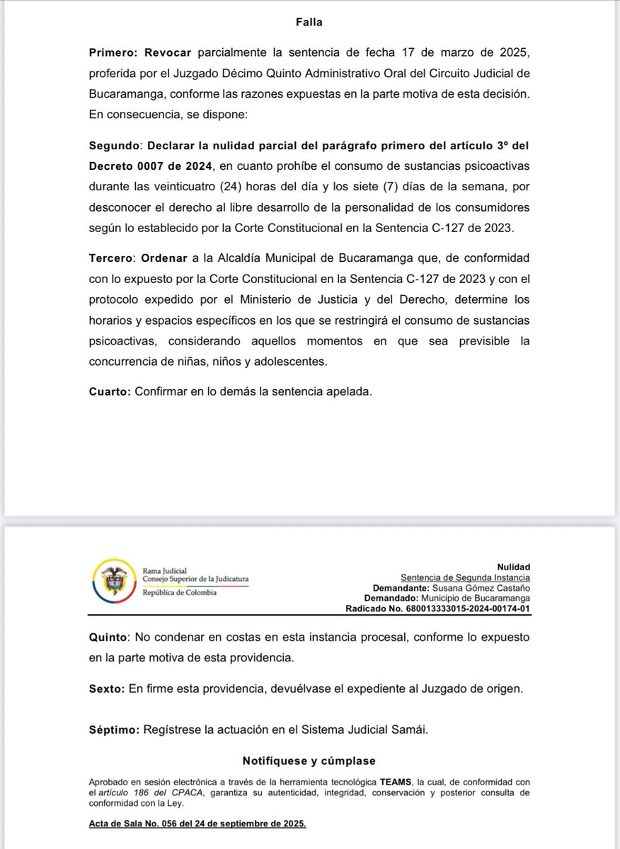 echelecabeza's tweet photo. Como lo advertimos hace meses, se declaró la nulidad del decreto que prohibía el porte y consumo de spa 24/7 en Bucaramanga. El hoy destituido ex alcalde @soyjaimeandres desconoció el sentido de la sentencia C-127 de 2023 al imponer una prohibición absoluta en contra del libre desarrollo de la personalidad. 

Demanda impulsada por @SusanaBoreal @jejaramillog @Juanpabloem02 👏👏

Al igual que este decreto hay más de 40 decretos similares que correrán la misma suerte. 

¿Quién responde por los daños causados, abusos de autoridad y comparendos que ya ocurrieron?