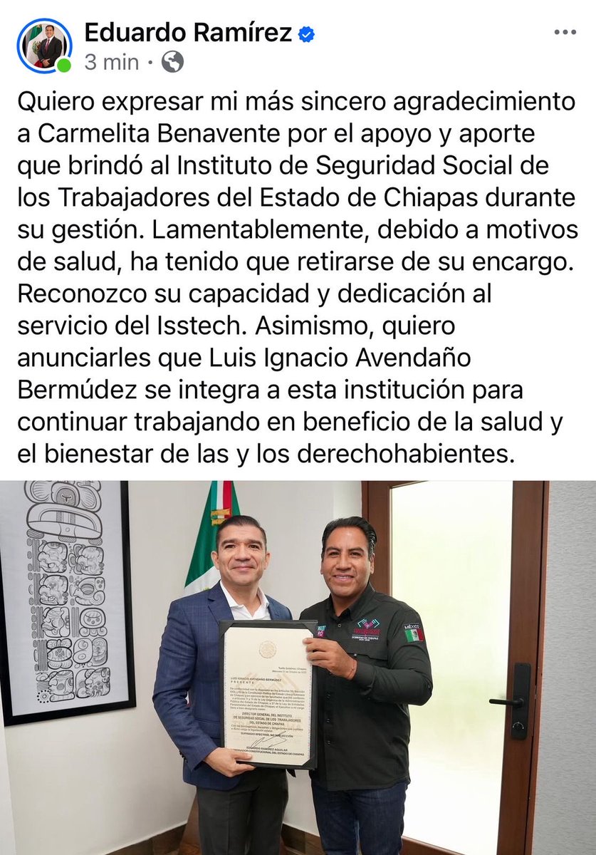 Solicita licencia <a href="/LuisIgnacioAve1/">Luis Ignacio Avendaño</a> al <a href="/congresoChis/">Honorable Congreso del Estado de Chiapas</a>. El gobernador de #Chiapas <a href="/ramirezlalo_/">Eduardo Ramírez</a> lo integra al gabinete ampliado estatal. Releva a #CarmelaBenavente al frente del #ISSTECH