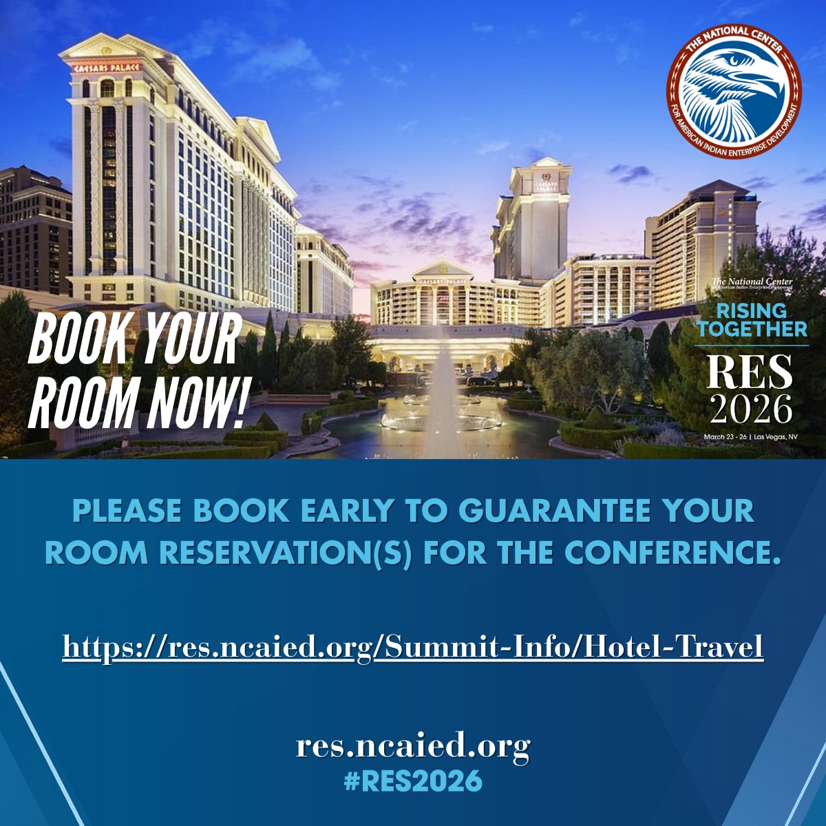 ncaied's tweet image. RES 2026 is March 23–26 at Caesars Palace Las Vegas! ✨

Book your hotel at Caesars now at the group rate before Feb 25, 2026.

⚠️ Only use our official link: res.ncaied.org/Summit-Info/Ho…

#RES2026 #WeMeanBusiness #NativeBusiness