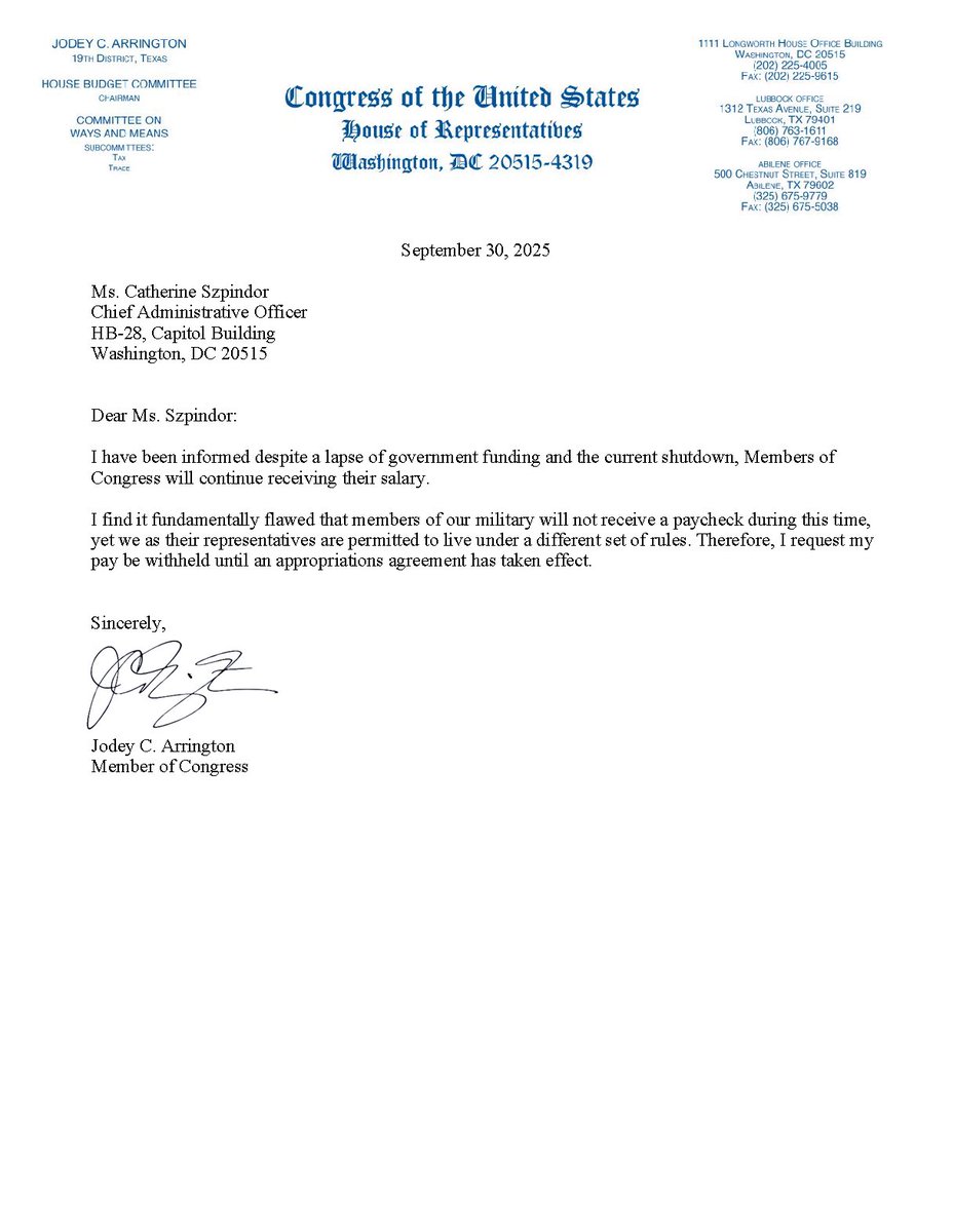 RepArrington's tweet image. If members of our military don&apos;t get paid during the Schumer shutdown, members of Congress shouldn&apos;t either! 

That’s why I’m withholding my paycheck until the government reopens.