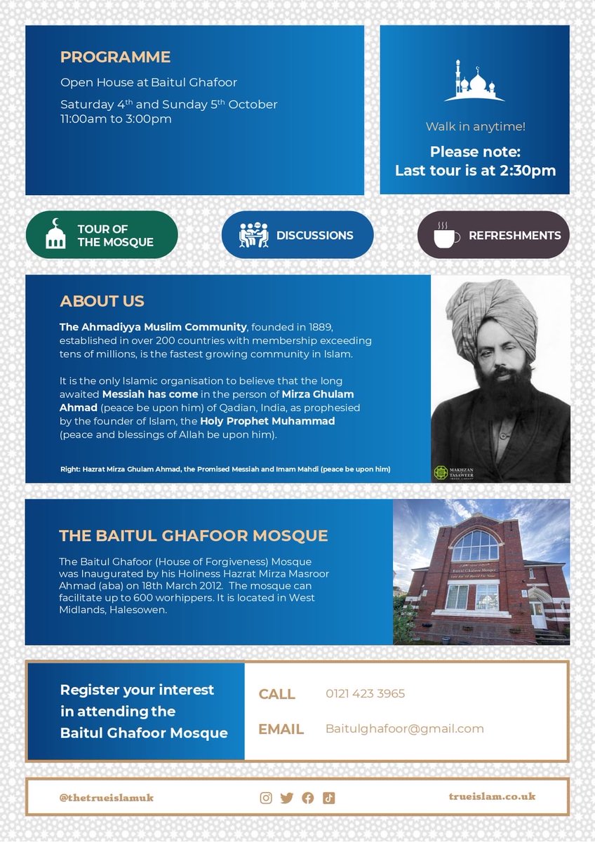 Doors open 11am–3pm this Sat &amp; Sun 🕌 Visit Baitul Ghafoor Mosque Open Day! Enjoy guided tours, Q&amp;A, free cake ☕🍰 &amp; coffee – everyone welcome! 
#OpenDay 
#Community