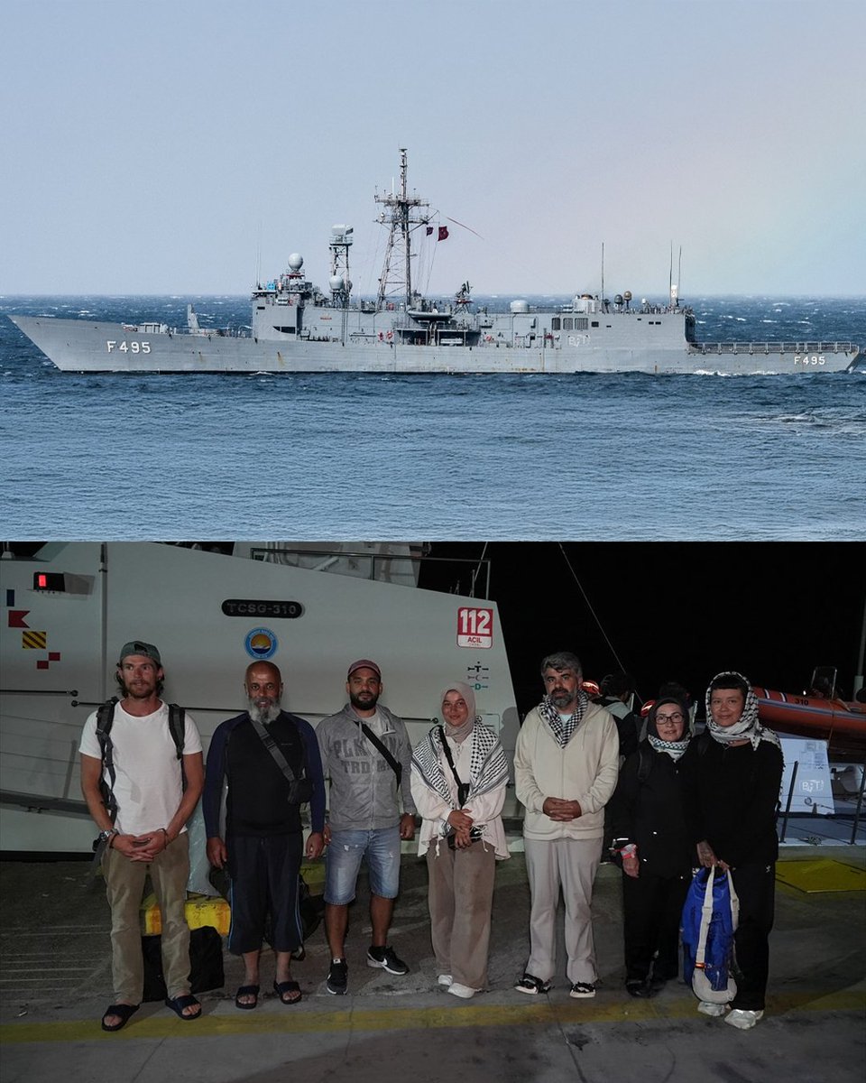 bpthaber's tweet photo. Küresel Sumud Filosu'ndan TCG Gediz ile tahliye edilen 7 aktivist, Marmaris'e getirildi. https://t.co/ts7gApMeKF