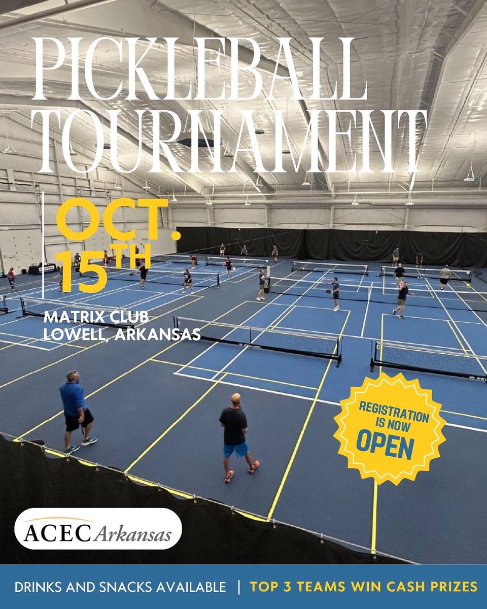 🏓 Pickleball fans — it’s almost GO time! 2-player teams ($300) | Sponsorships $250–$1500 | Cash prizes for Top 3 | Free entry for spectators 🎉 Grab your spot before it’s gone: arkansasengineers.org/pickleball-tou…