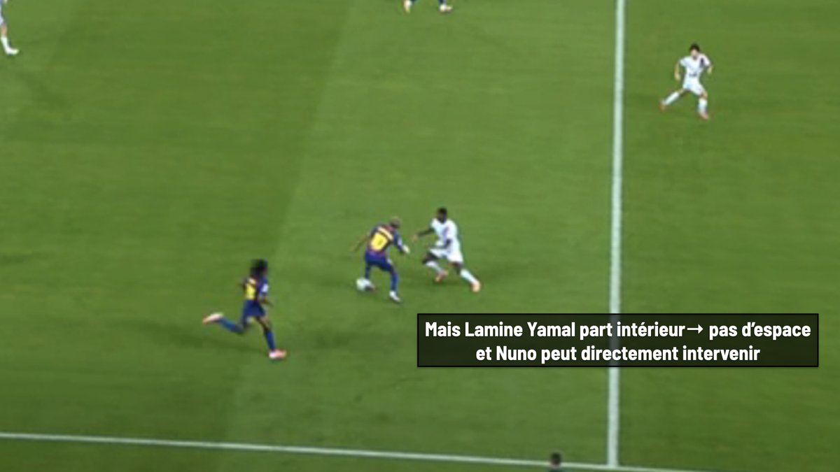 J'avais mentionné la difficulté de Nuno Mendes à défendre des ailiers « manipulateurs », parce qu'il se positionnait trop loin sur 1c1 et ouvrait l'intérieur

Top ajustement ce soir vs Lamine Yamal pour (enfin) orienter profondeur et jouer sur sa vitesse