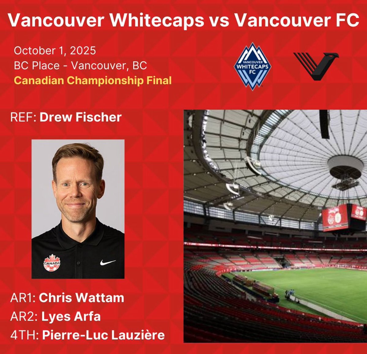 CDSRA Member Drew Fischer will be in Vancouver tonight at 8:00 PM MST for the Canadian Championship Final! Available on TSN &amp; One Soccer.

Vancouver FC @ Vancouver Whitecaps

REF - Drew Fischer
AR1 - Chris Wattam
AR2 - Lyes Arfa
4TH - Pierre-Luc Lauzière

Photo from <a href="/CPLRefStats/">CPL Referee Stats</a>