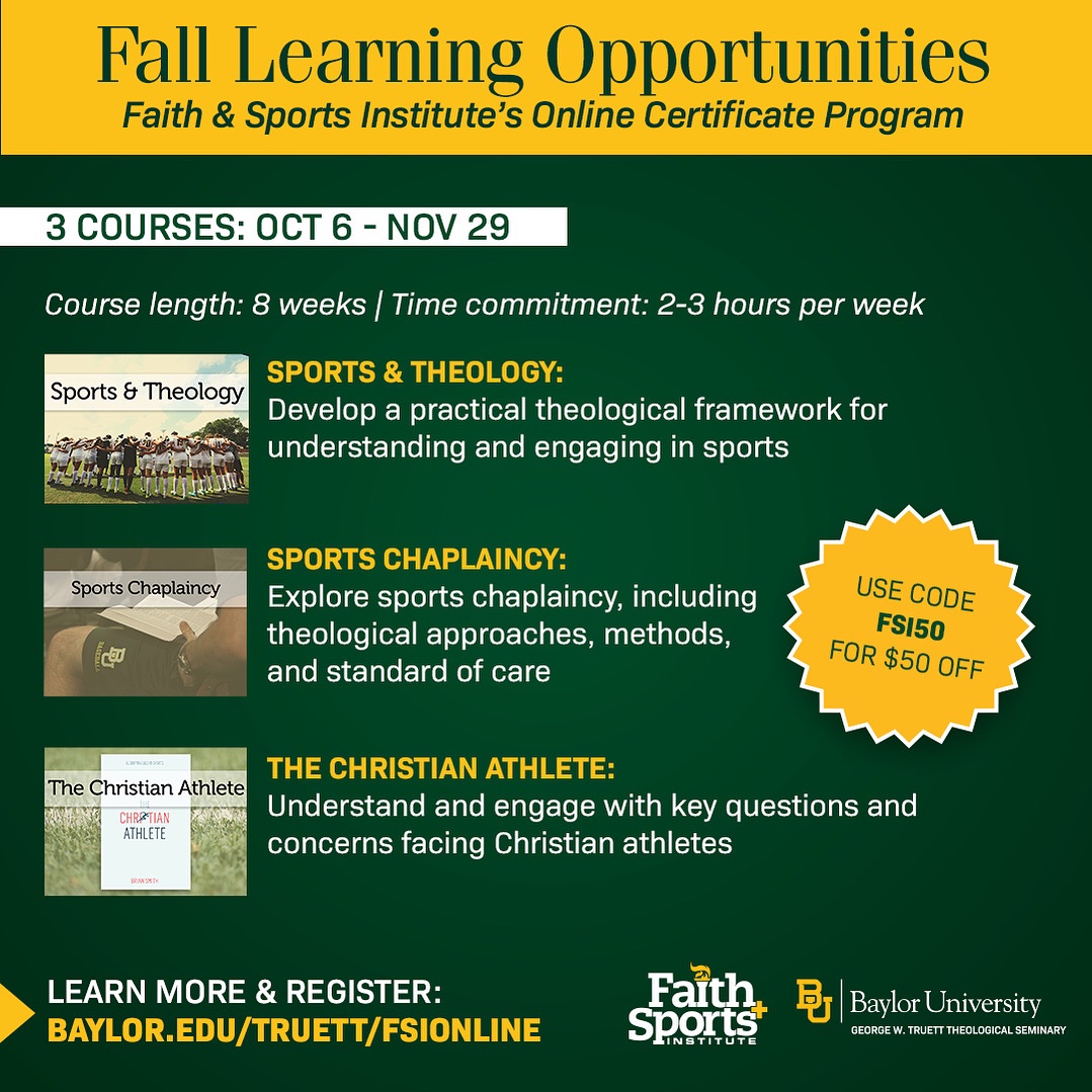 FaithSportsInst's tweet image. One more week to register!

This fall, we’re offering online certificate courses in Sports Chaplaincy, Sports &amp;amp; Theology, and The Christian Athlete. 

Learn more and sign up today at the link in our bio.