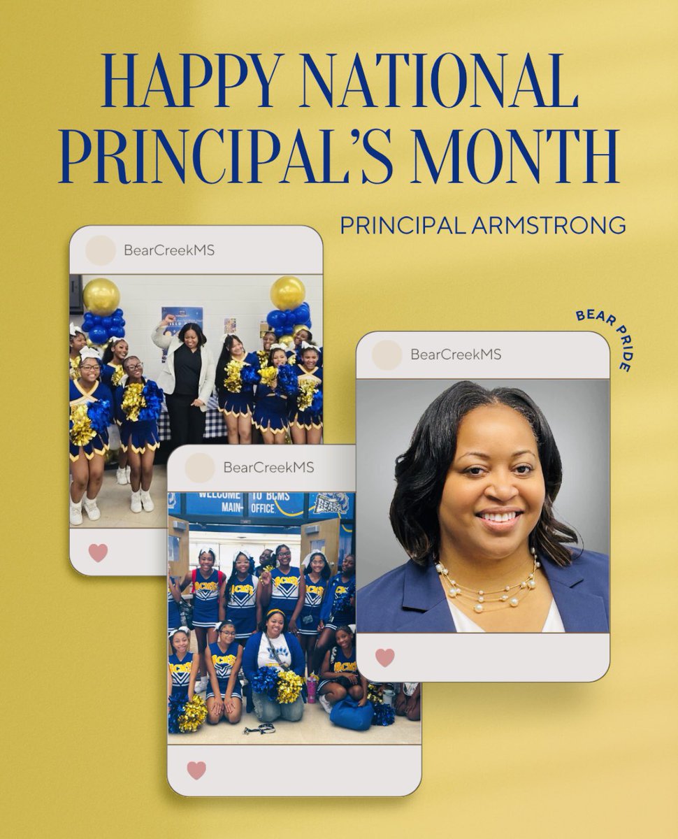 Bear Creek MS (@bearcreekms) on Twitter photo Happy National Principal’s Month to our Lead Bear, Ms. Armstrong! We appreciate your commitment and dedication to the students, families, faculty, and staff of <a href="/BearCreekMS/">Bear Creek MS</a>! Your leadership exemplifies excellence and models “The Bear Way”!💙🐻💛<a href="/Armstrong_BCMS/">RJ Armstrong</a> <a href="/jasonjstamper/">Jason Stamper, EdD</a> Happy National Principal’s Month to our Lead Bear, Ms. Armstrong! We appreciate your commitment and dedication to the students, families, faculty, and staff of <a href="/BearCreekMS/">Bear Creek MS</a>! Your leadership exemplifies excellence and models “The Bear Way”!💙🐻💛<a href="/Armstrong_BCMS/">RJ Armstrong</a> <a href="/jasonjstamper/">Jason Stamper, EdD</a>