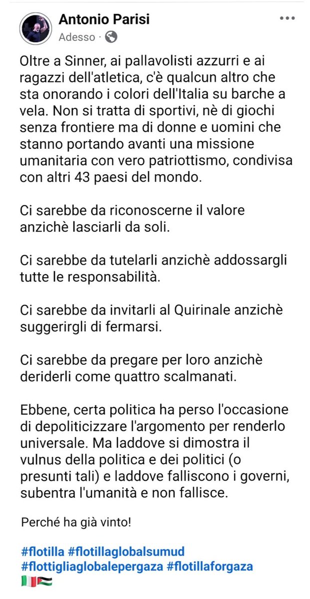 antoniparisi's tweet photo. Grazie di tutto Global Sumud Flotilla. Grazie di aver risvegliato le coscienze e il senso più profondo della nostra umanità. 
#Flotilla #GlobalSumudFlotilla #MyAgendaSumud https://t.co/dwpvfSvHHI
