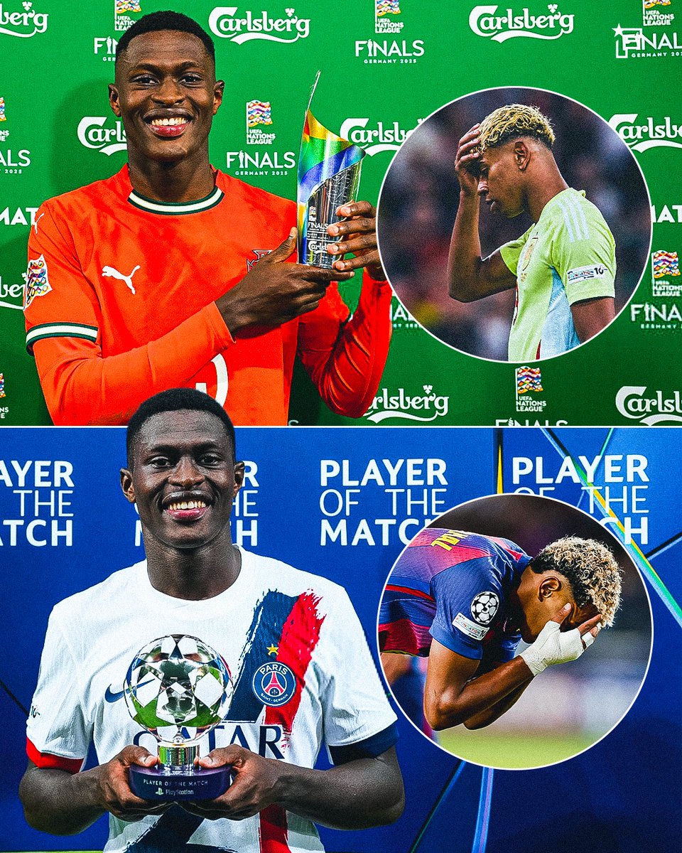 footmercato's tweet image. Les 2 derniers duels Nuno Mendes 🇵🇹 🆚 Lamine Yamal 🇪🇸 ? 

🎖️ Mendes homme du match 🆚 Barça
🎖️ Mendes homme du match 🆚 Espagne

Et certains doutent encore… Le meilleur latéral gauche du monde ! 💪