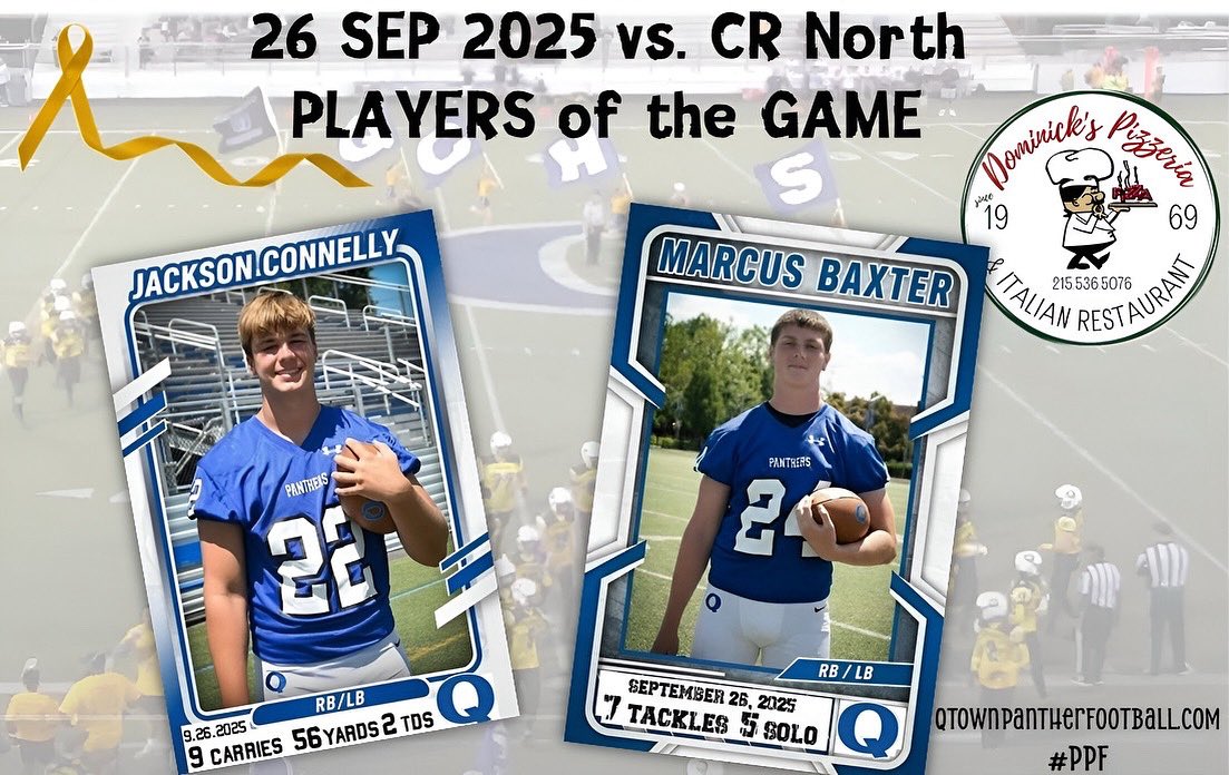 QTOWN FOOTBALL (@qpantherfb) on Twitter photo Week 6 players of the week presented by Dominick’s Pizzeria! #PPF Week 6 players of the week presented by Dominick’s Pizzeria! #PPF