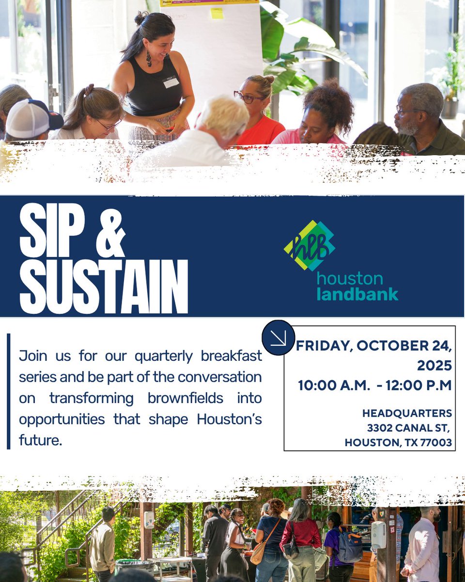 HTXLandBank's tweet photo. ☕🌱 Join us for Sip &amp; Sustain on Oct. 24, 10AM–12PM at HLB HQ (3302 Canal St). Be part of the conversation on turning brownfields into opportunities for Houston’s future!

#SipAndSustain #HoustonLandBank https://t.co/fSBIJ7Zu7e
