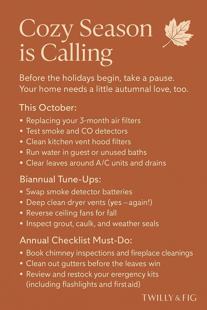TwillyandFig's tweet photo. "Pumpkin spice and HVAC prep?"
As the leaves turn and we trade sandals for sweaters, it's time to prep your home for the colder months ahead. Our fall checklist covers those often-overlooked to-dos that keep things running smoothly.
#interiordesignernearme #luxxuryinteriordesign https://t.co/4xYCD1Bnx2
