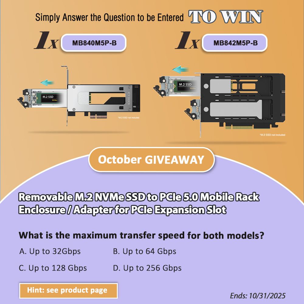 In October, we'll give out MB840M5P-B X 1 and MB842M5P-B x 1.  2 Winners! Join @IcyDockUSA's monthly #giveaways. Answer the question to enter.
💌-global.icydock.com/news/news_1498…
Starts Oct 1st, at midnight.
Ends Oct 31st, at midnight.