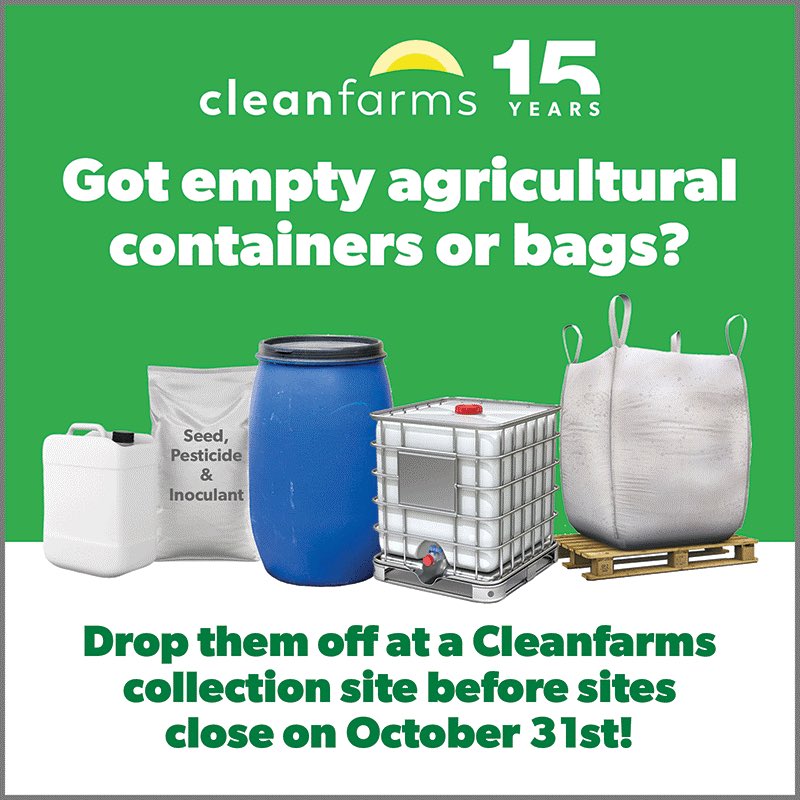 📢 Attention Valued Customers… If you have any bags of empty jugs, barrels, or totes, please return to the retail by October 31st. 

Friendly reminder, there will also be a Clean Farms collection of unwanted pesticides in Inglis on October 29th.