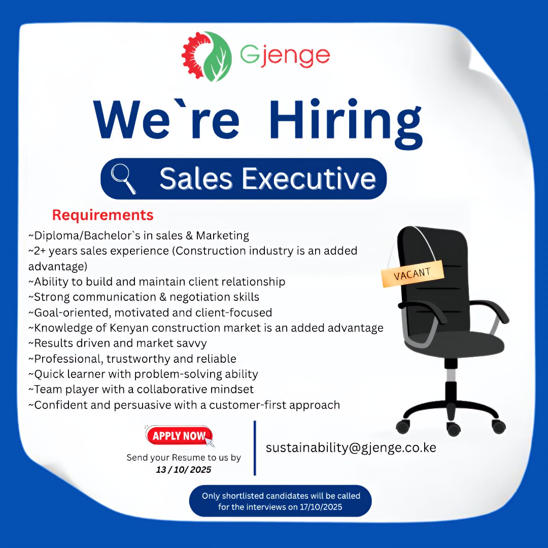 Gjenge Makers Ltd (@gjenge_makers) on Twitter photo The hunt continues!!
Sales is your game and marketing is your spark😉. 
Join us,  let’s grow together!😊
#gjengemakers
#recycling 
#gjengepavers 
#sustainability 
#greeneconomy The hunt continues!!
Sales is your game and marketing is your spark😉. 
Join us,  let’s grow together!😊
#gjengemakers
#recycling 
#gjengepavers 
#sustainability 
#greeneconomy