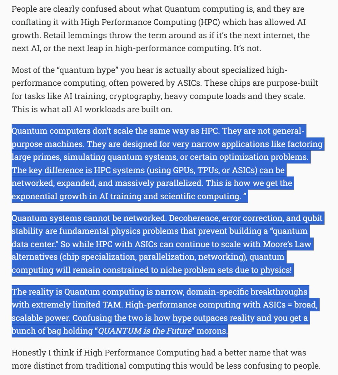 "Quantum systems cannot be networked...The reality is Quantum computing is narrow, domain-specific breakthroughs with [an] extremely limited TAM." From <a href="/DeepSailCapital/">Deep Sail Capital</a>.

shortscorner.substack.com/p/quantum-bubb…