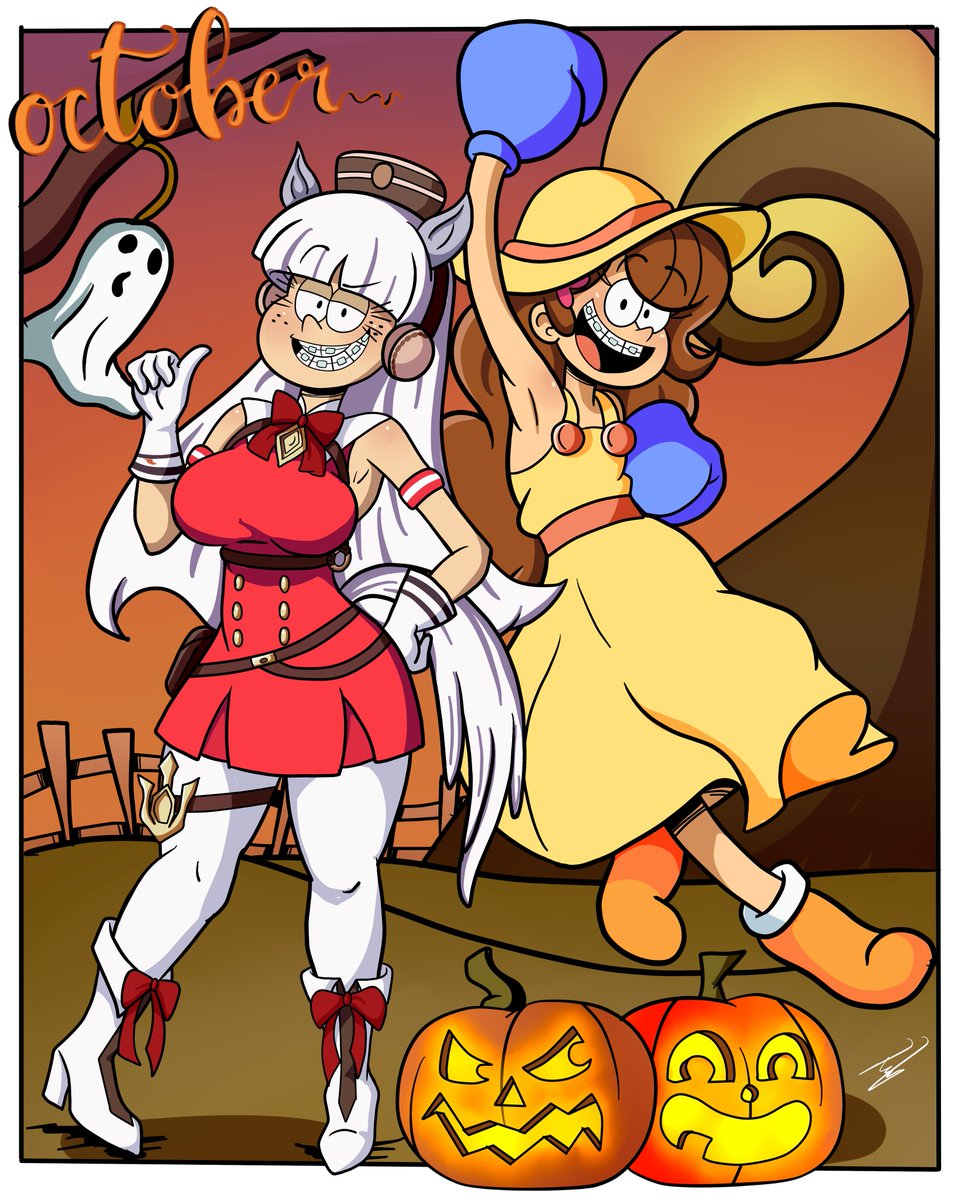 Pepemay9315's tweet image. And well, we are now entering October
The month where the cold starts, the leaves fall and you can feel the aura of terror in the air.
Lois as Goldship from #umamusumeprettyderby
Lara as Globine from the game #declinesdrops
#October1st #costumes #loisloud #larastein