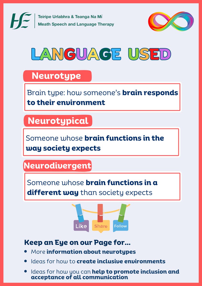 We will be posting lots of information about different #Neurotypes this month.

'Neurodiversity' refers to the unique way people experience and interact with the world around them.

#Neurodiversity #Neurodivergent #Neurotypical #Neurotype #SLT #SLP #Communication #MeathSLT