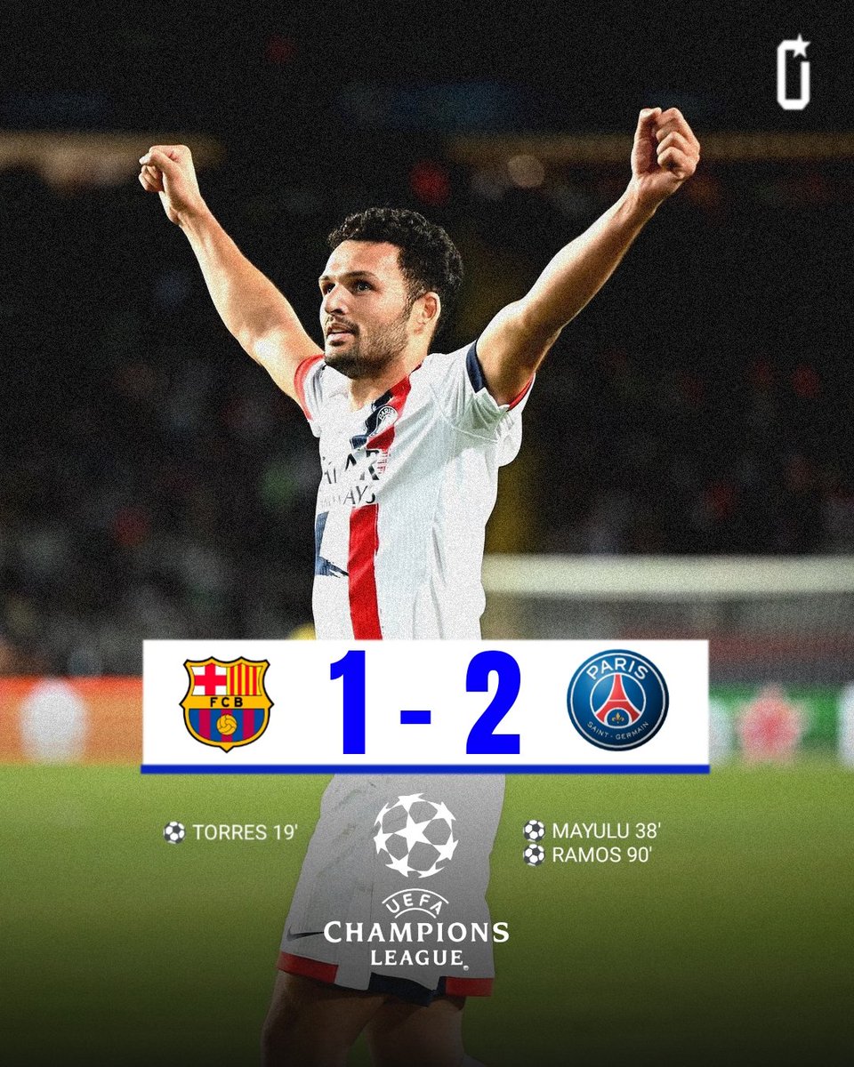 Oltinalacon22's tweet photo. TERMINÉ ⏱️ 
BARCELONA 🇪🇸 1-2 🇫🇷 PSG

⚽ Torres 19'
     ⚽ Mayulu 38'
     ⚽ Ramos 90'

GRÂCE À DES RÉALISATIONS DE MAYULU ET RAMOS , LE PSG À  RENVERSÉ LE BARÇA À L'EXTÉRIEUR ! 

#UCL  #BARPSG https://t.co/LE8ryQgKjw
